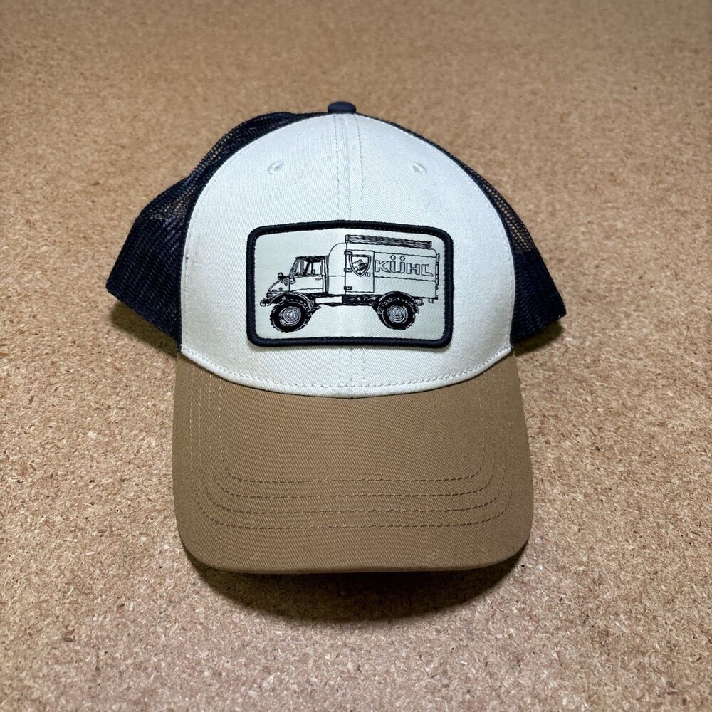 Kuhl Trucker Snapback Cap Blue Cream Unimog Logo Patch 6 Pan Mesh Adjustable Hat